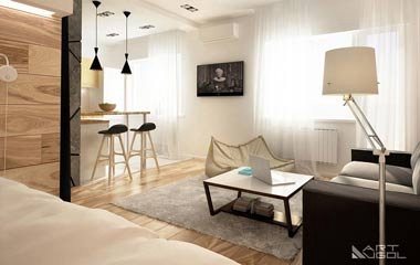 俄羅斯自然風一居室 木材及石材共同打造的小公寓